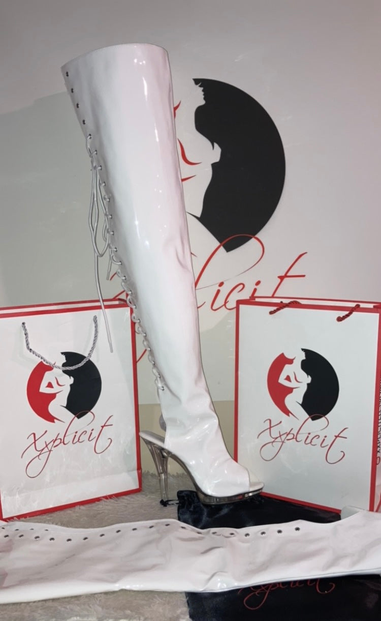 White patent leather kitten heel thigh high boots
