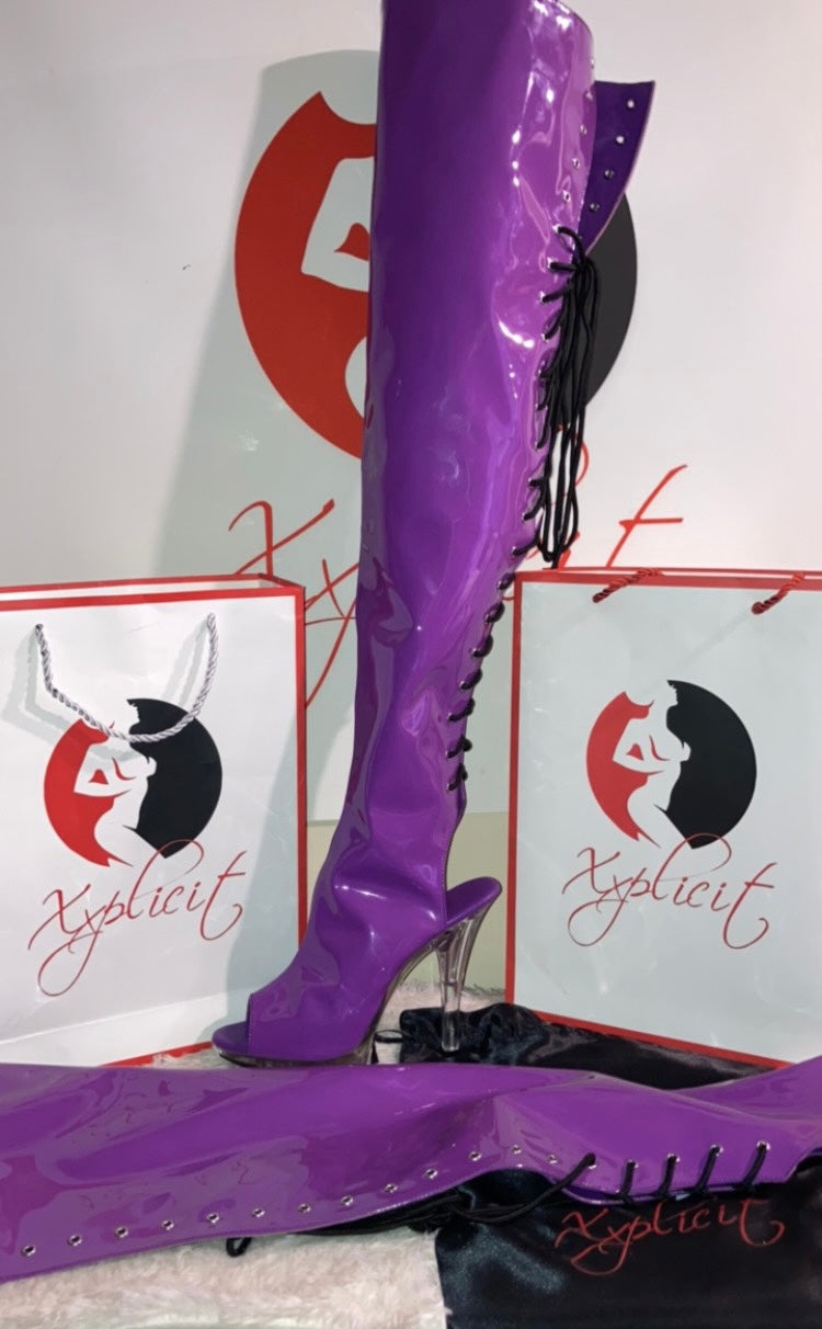 Purple patent leather kitten heel thigh high boots