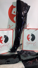 Load image into Gallery viewer, Black patent leather kitten thigh high boots
