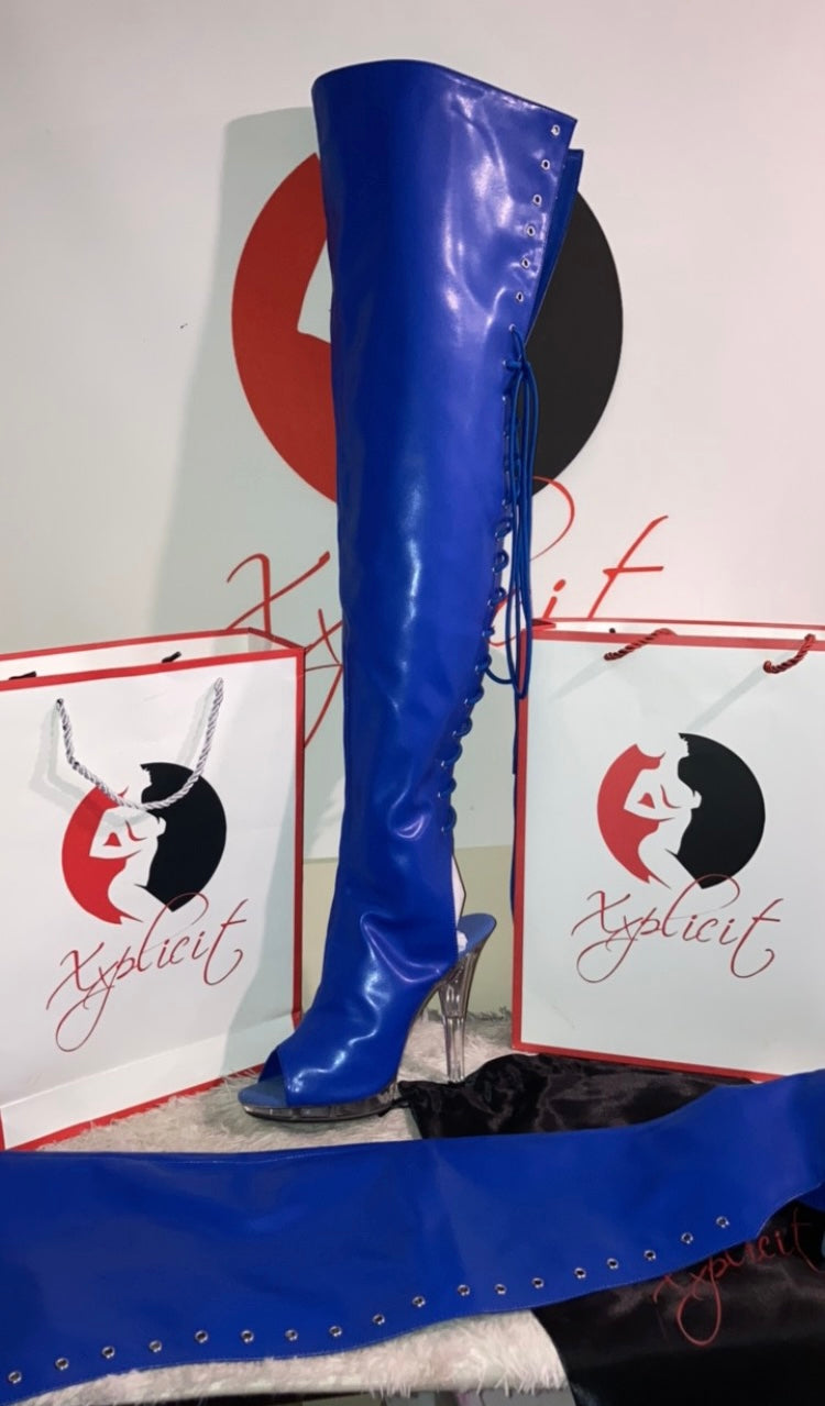 Blue kitten heel thigh high boots