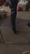 Load and play video in Gallery viewer, Black patent leather kitten thigh high boots
