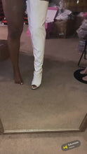 Load and play video in Gallery viewer, White patent leather kitten heel thigh high boots
