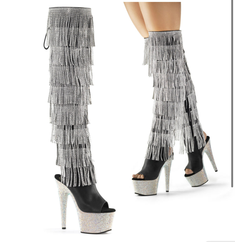 Black thigh high with diamond fringe and diamond bottom