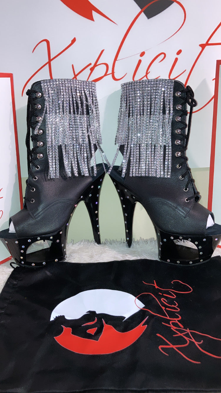 Custom black ankle boots with rhinestone tassels