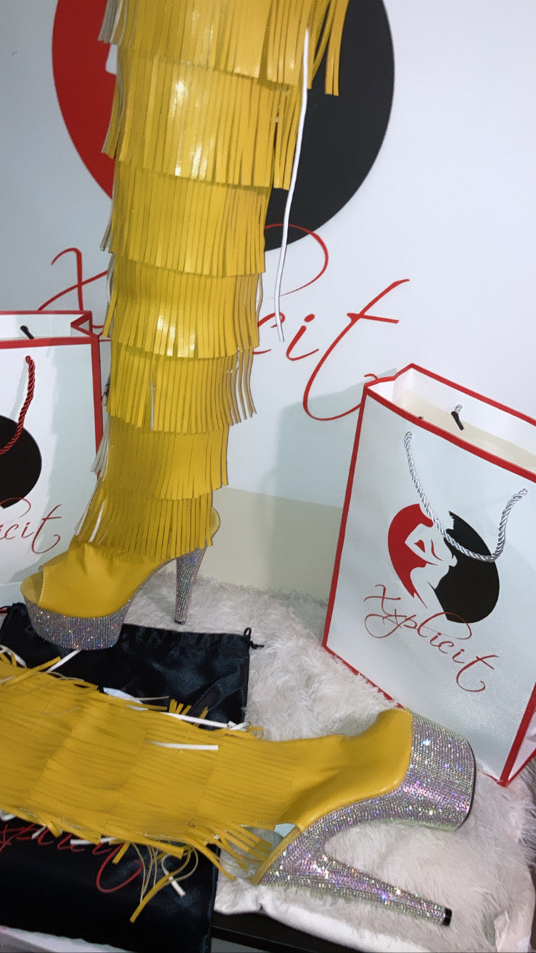 Mustard thigh high fringe boots