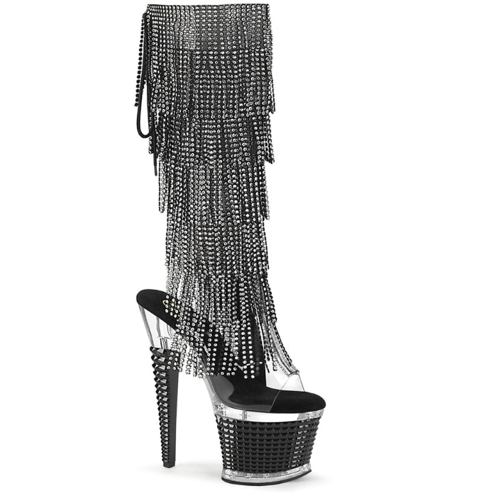 Clear and black knee boots with diamond tassels *clearance*