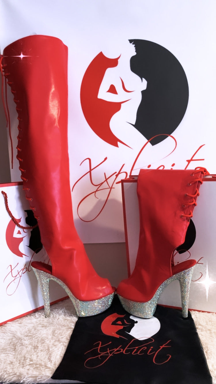 Red thigh highs with diamond platform